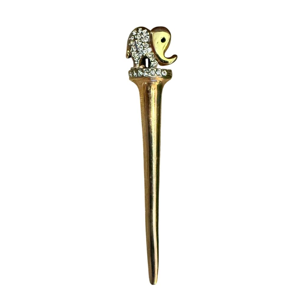 Vintage Elephant Scepter Brooch – Rhinestones – Gold‑Tone – 3”